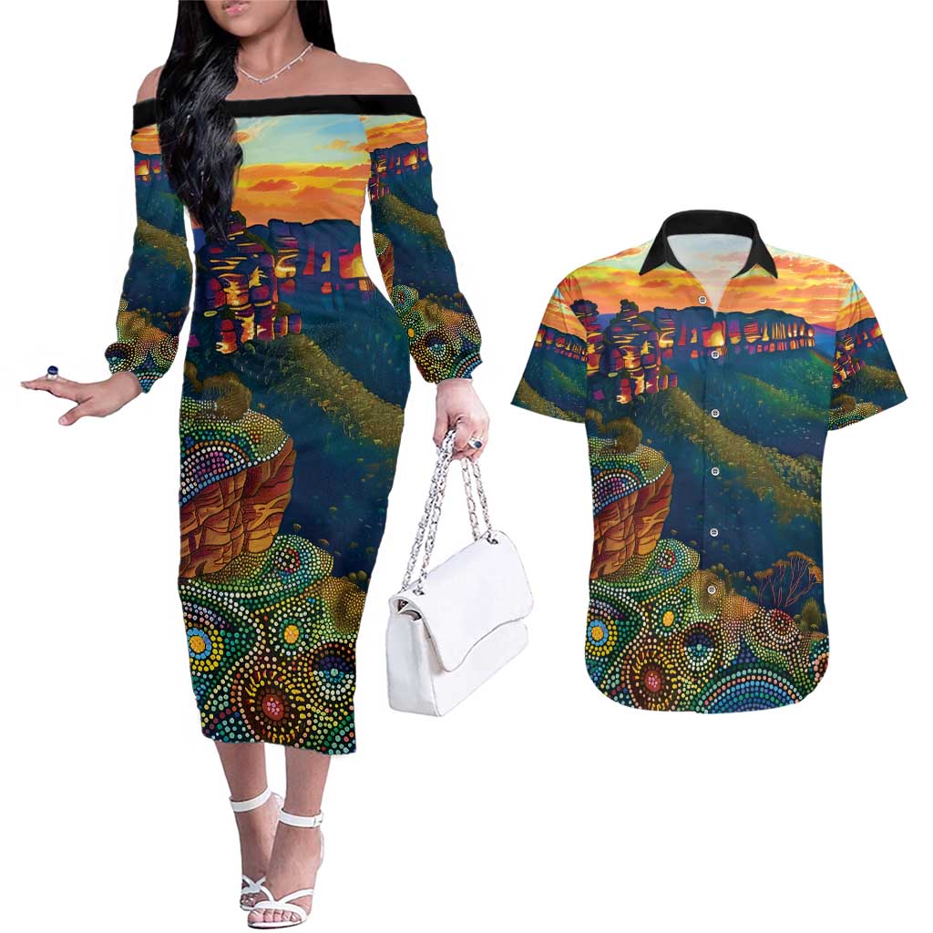 Australia Blue Mountains Couples Matching Off The Shoulder Long Sleeve Dress and Hawaiian Shirt Aboriginal Dot Painting