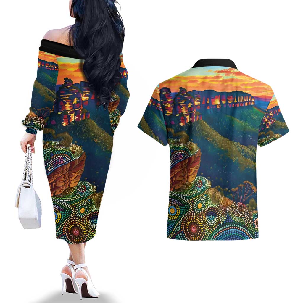 Australia Blue Mountains Couples Matching Off The Shoulder Long Sleeve Dress and Hawaiian Shirt Aboriginal Dot Painting