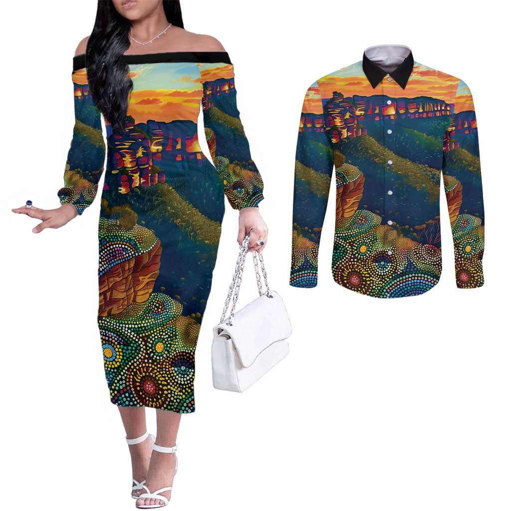 Australia Blue Mountains Couples Matching Off The Shoulder Long Sleeve Dress and Long Sleeve Button Shirt Aboriginal Dot Painting