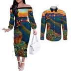 Australia Blue Mountains Couples Matching Off The Shoulder Long Sleeve Dress and Long Sleeve Button Shirt Aboriginal Dot Painting