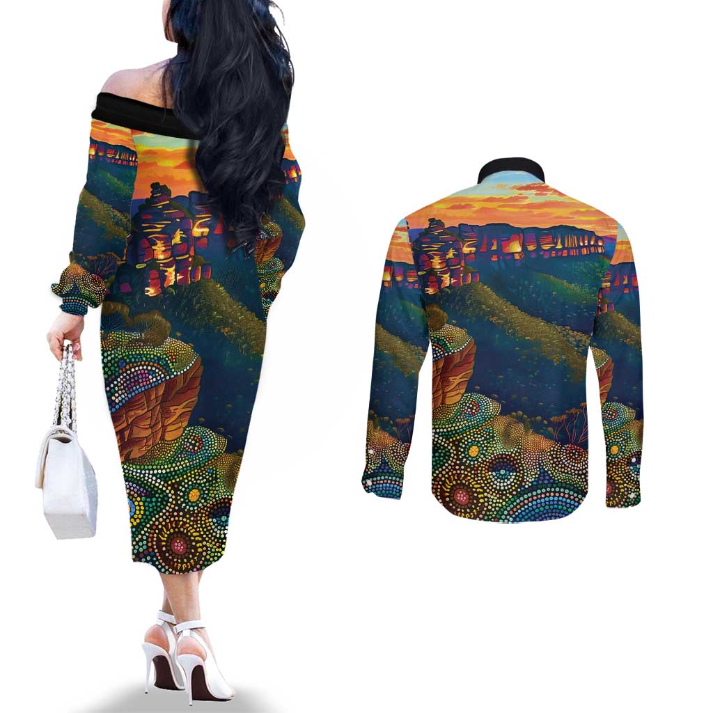 Australia Blue Mountains Couples Matching Off The Shoulder Long Sleeve Dress and Long Sleeve Button Shirt Aboriginal Dot Painting