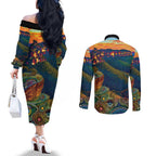 Australia Blue Mountains Couples Matching Off The Shoulder Long Sleeve Dress and Long Sleeve Button Shirt Aboriginal Dot Painting