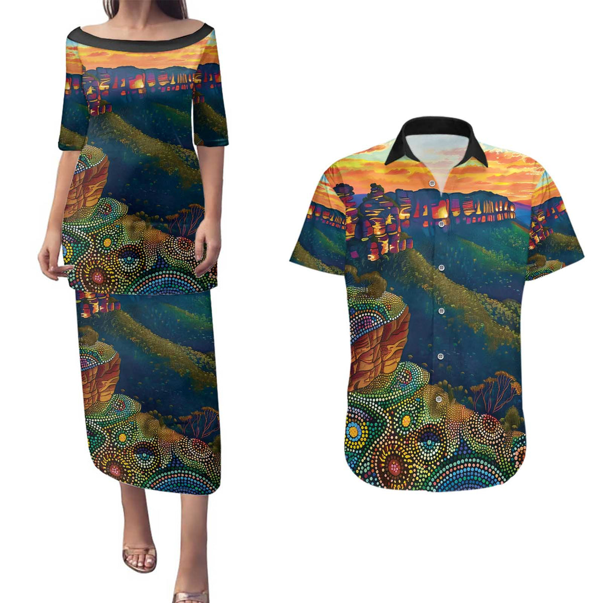 Australia Blue Mountains Couples Matching Puletasi and Hawaiian Shirt Aboriginal Dot Painting