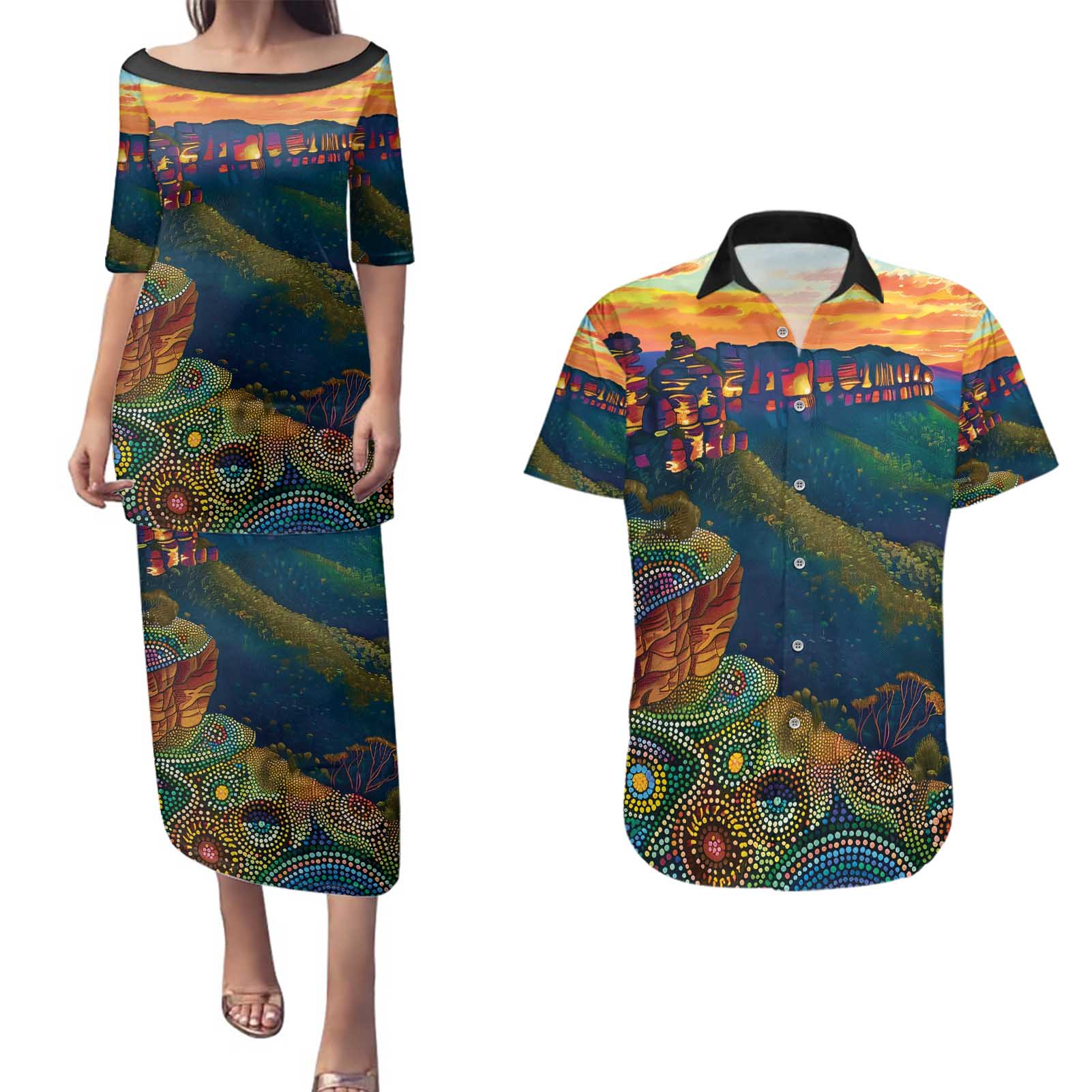 Australia Blue Mountains Couples Matching Puletasi and Hawaiian Shirt Aboriginal Dot Painting