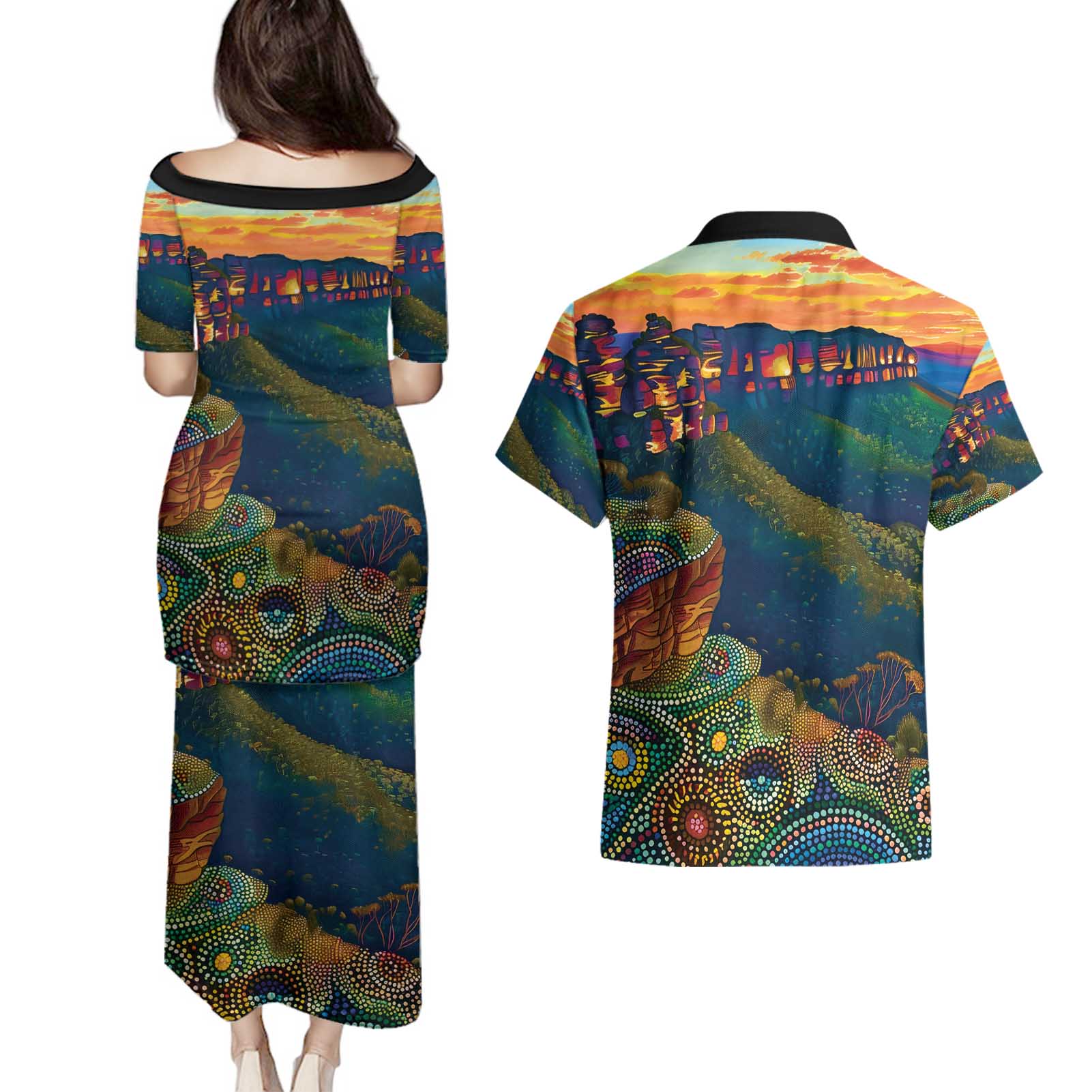 Australia Blue Mountains Couples Matching Puletasi and Hawaiian Shirt Aboriginal Dot Painting