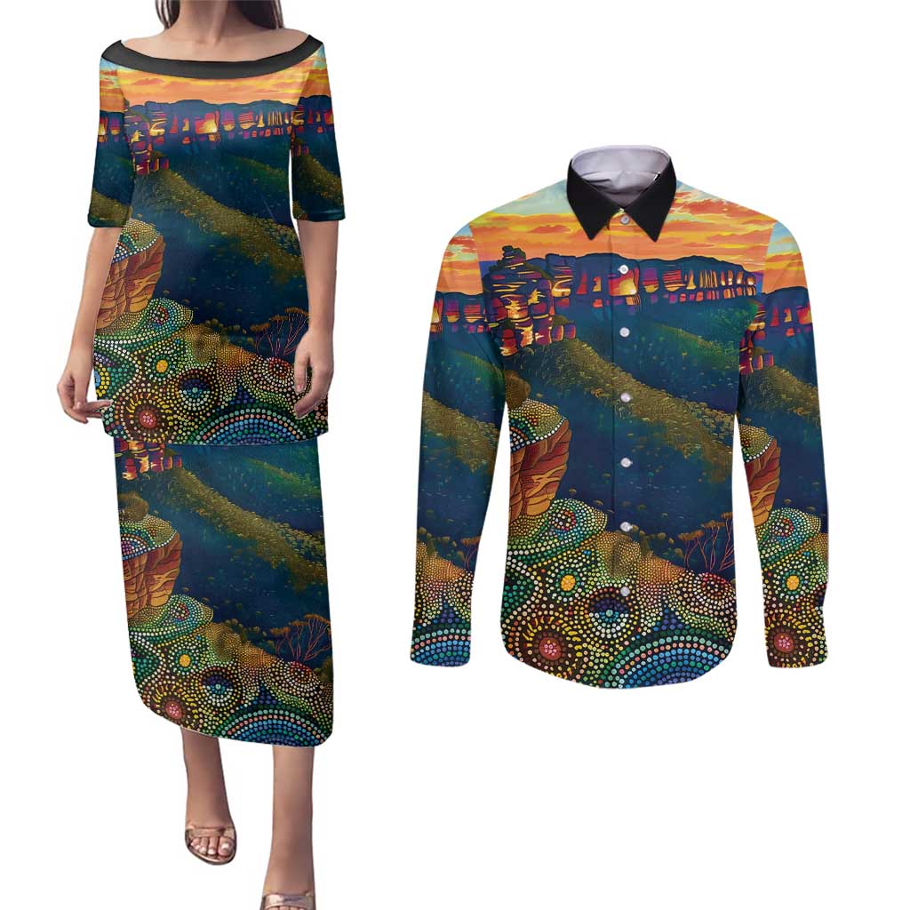 Australia Blue Mountains Couples Matching Puletasi and Long Sleeve Button Shirt Aboriginal Dot Painting