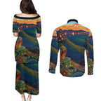 Australia Blue Mountains Couples Matching Puletasi and Long Sleeve Button Shirt Aboriginal Dot Painting