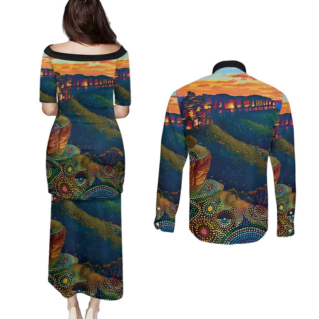 Australia Blue Mountains Couples Matching Puletasi and Long Sleeve Button Shirt Aboriginal Dot Painting
