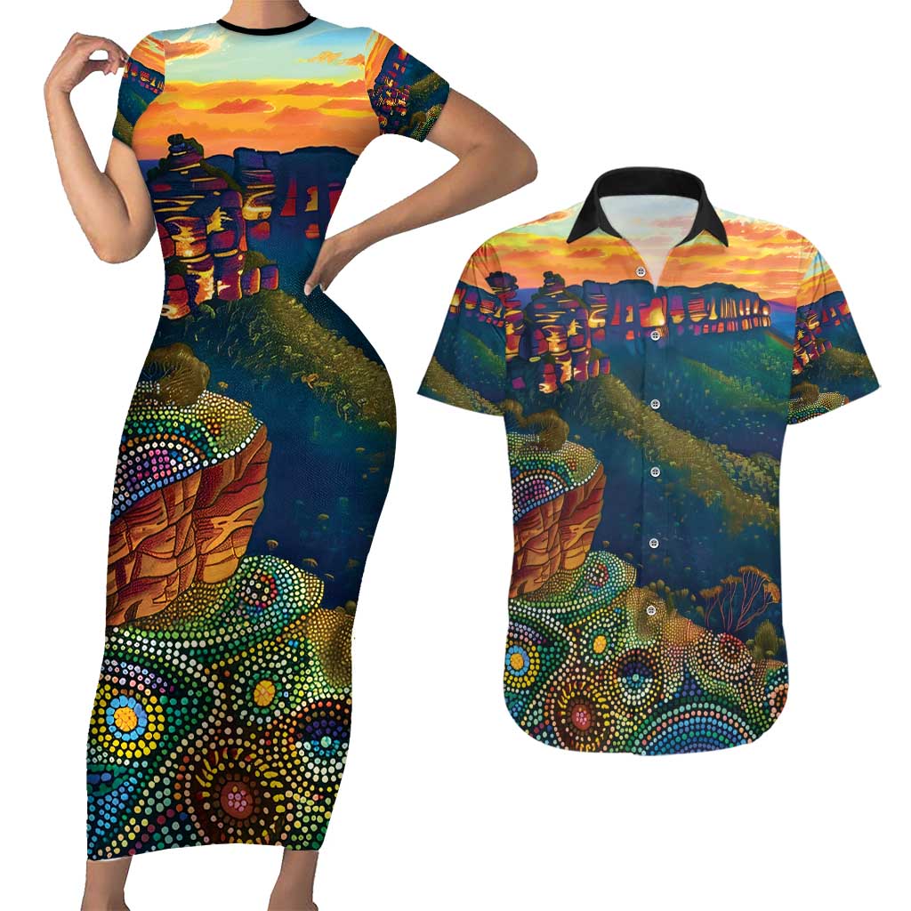 Australia Blue Mountains Couples Matching Short Sleeve Bodycon Dress and Hawaiian Shirt Aboriginal Dot Painting