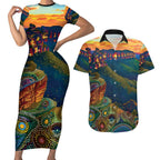 Australia Blue Mountains Couples Matching Short Sleeve Bodycon Dress and Hawaiian Shirt Aboriginal Dot Painting