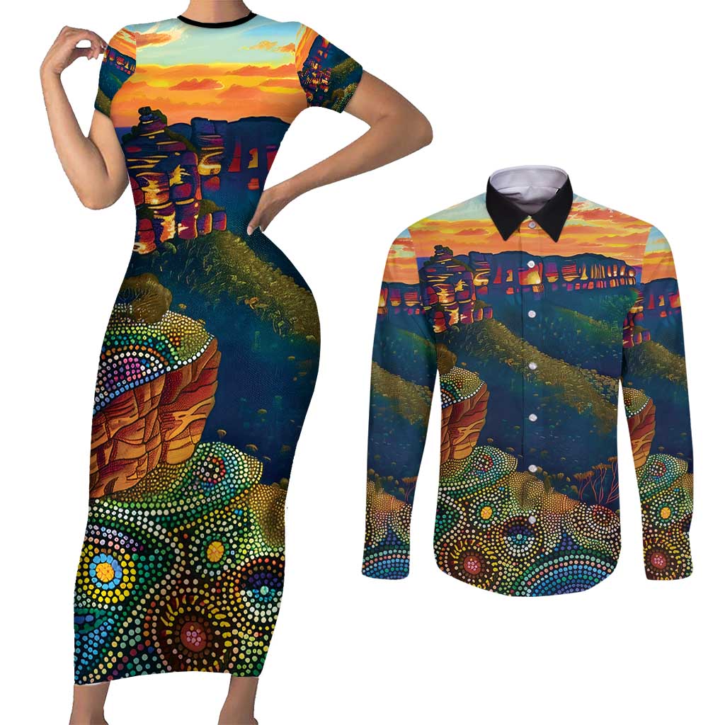 Australia Blue Mountains Couples Matching Short Sleeve Bodycon Dress and Long Sleeve Button Shirt Aboriginal Dot Painting