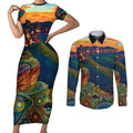 Australia Blue Mountains Couples Matching Short Sleeve Bodycon Dress and Long Sleeve Button Shirt Aboriginal Dot Painting