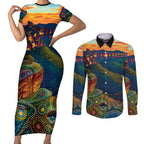 Australia Blue Mountains Couples Matching Short Sleeve Bodycon Dress and Long Sleeve Button Shirt Aboriginal Dot Painting