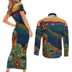 Australia Blue Mountains Couples Matching Short Sleeve Bodycon Dress and Long Sleeve Button Shirt Aboriginal Dot Painting