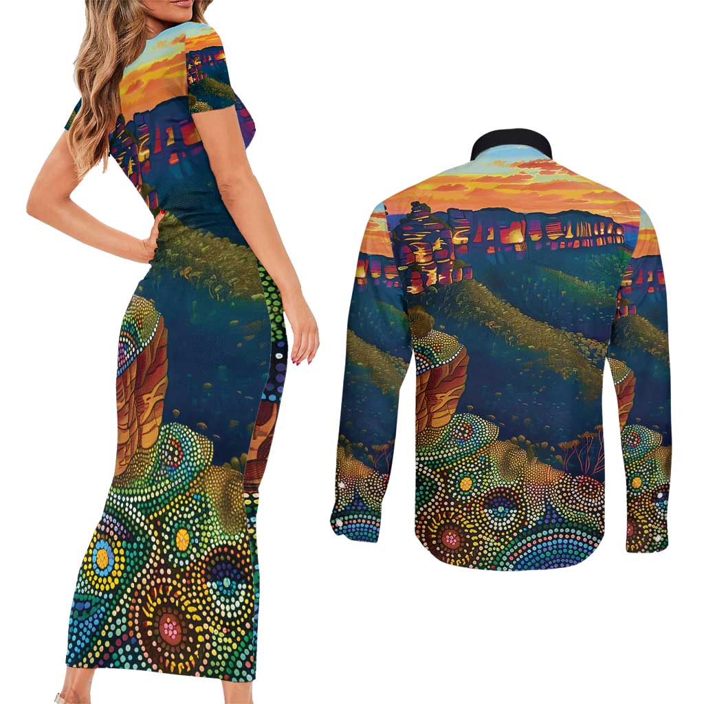 Australia Blue Mountains Couples Matching Short Sleeve Bodycon Dress and Long Sleeve Button Shirt Aboriginal Dot Painting