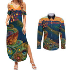 Australia Blue Mountains Couples Matching Summer Maxi Dress and Long Sleeve Button Shirt Aboriginal Dot Painting