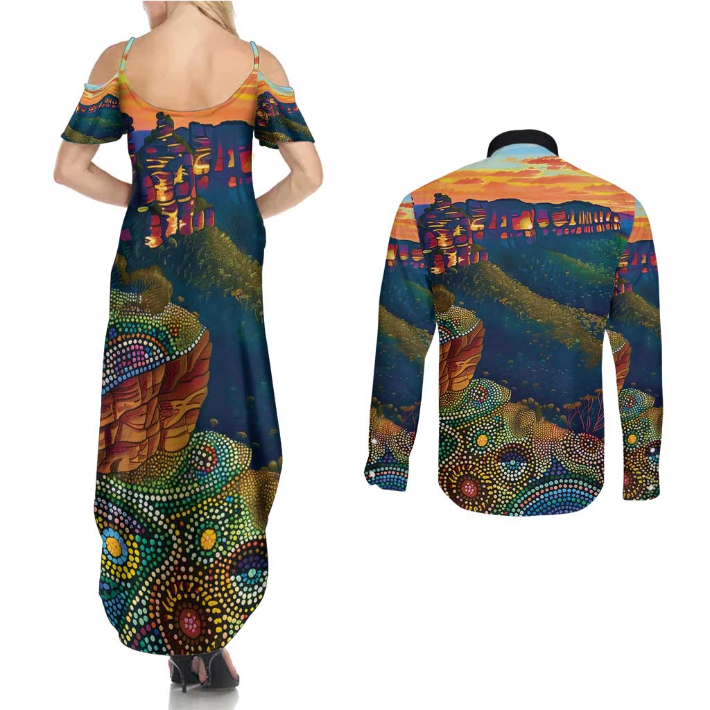 Australia Blue Mountains Couples Matching Summer Maxi Dress and Long Sleeve Button Shirt Aboriginal Dot Painting