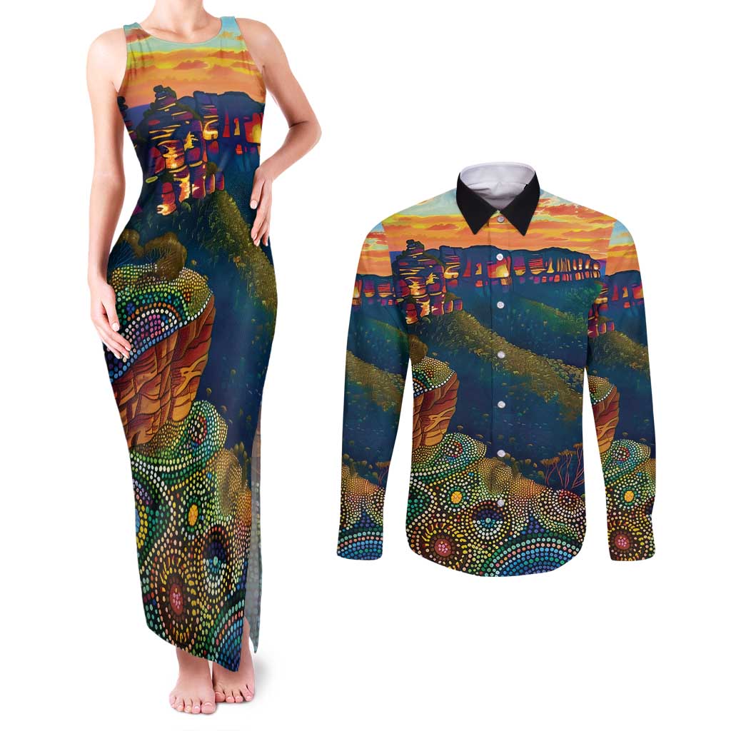 Australia Blue Mountains Couples Matching Tank Maxi Dress and Long Sleeve Button Shirt Aboriginal Dot Painting