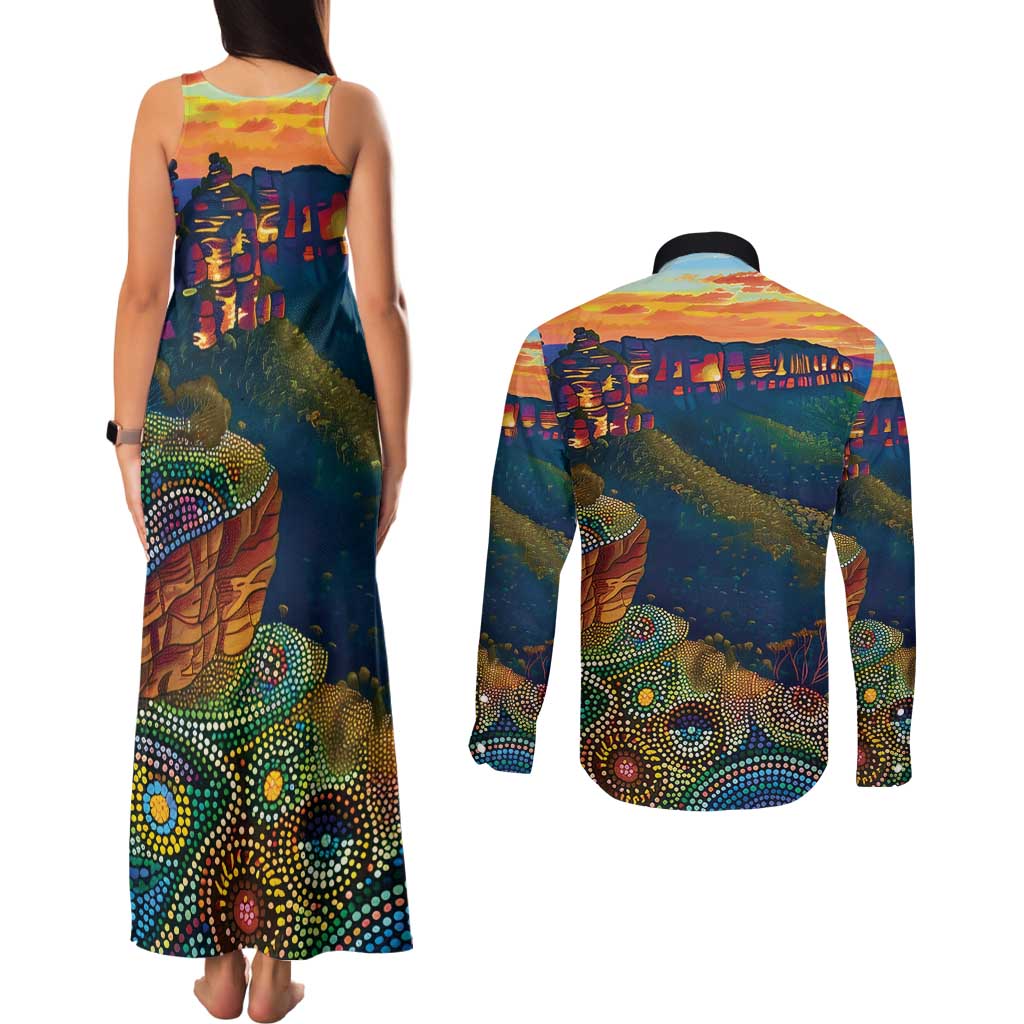 Australia Blue Mountains Couples Matching Tank Maxi Dress and Long Sleeve Button Shirt Aboriginal Dot Painting
