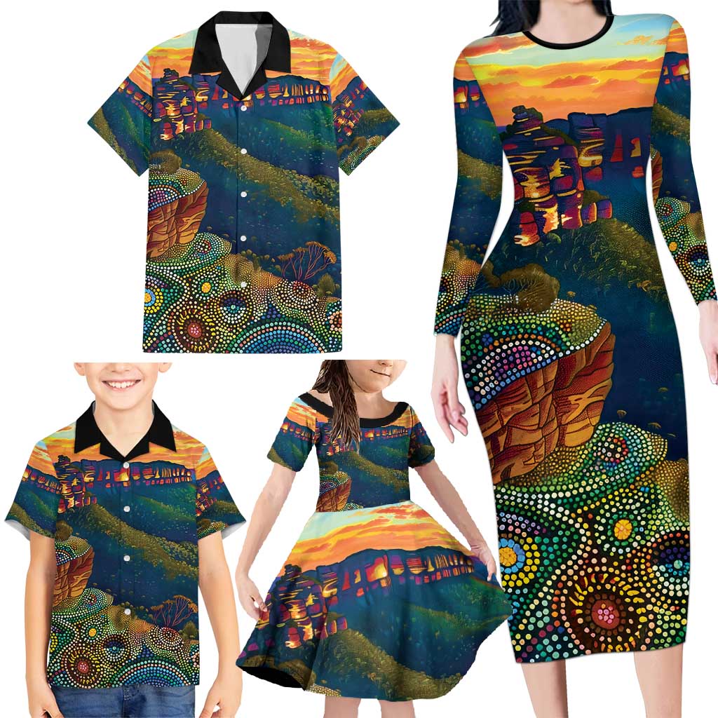 Australia Blue Mountains Family Matching Long Sleeve Bodycon Dress and Hawaiian Shirt Aboriginal Dot Painting