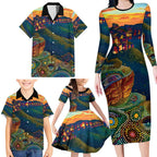 Australia Blue Mountains Family Matching Long Sleeve Bodycon Dress and Hawaiian Shirt Aboriginal Dot Painting