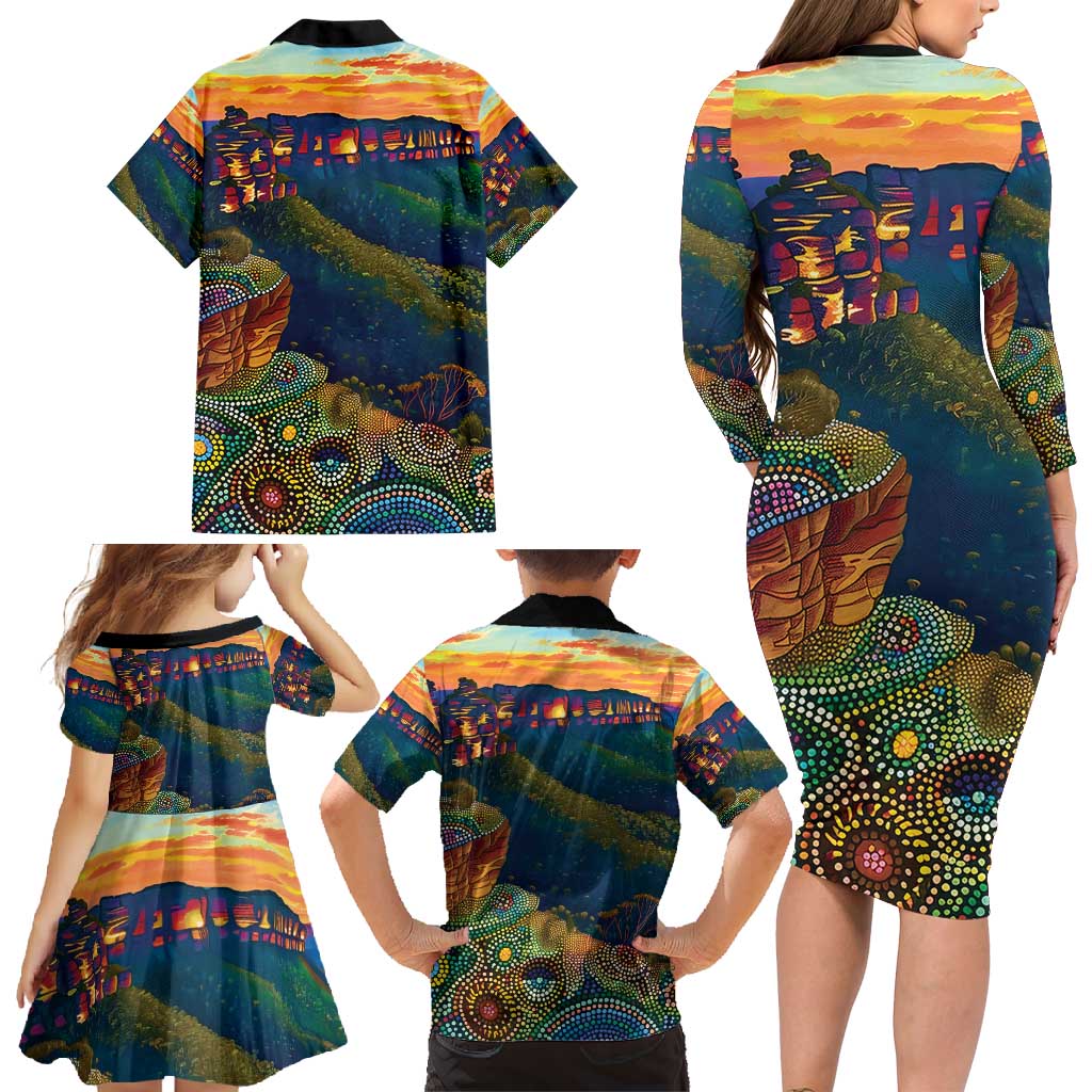Australia Blue Mountains Family Matching Long Sleeve Bodycon Dress and Hawaiian Shirt Aboriginal Dot Painting