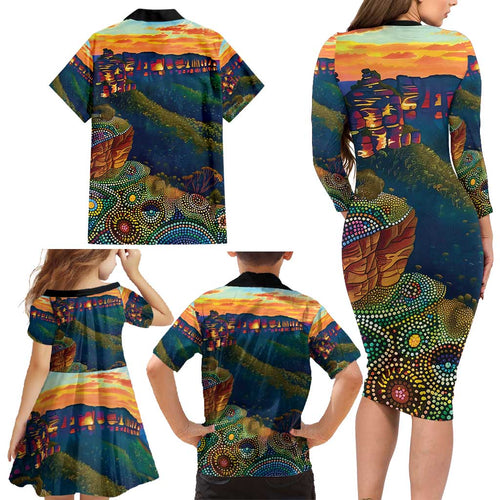 Australia Blue Mountains Family Matching Long Sleeve Bodycon Dress and Hawaiian Shirt Aboriginal Dot Painting
