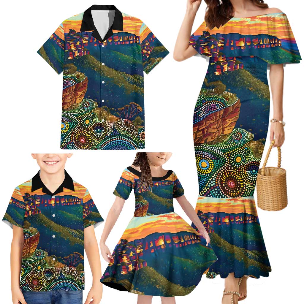 Australia Blue Mountains Family Matching Mermaid Dress and Hawaiian Shirt Aboriginal Dot Painting