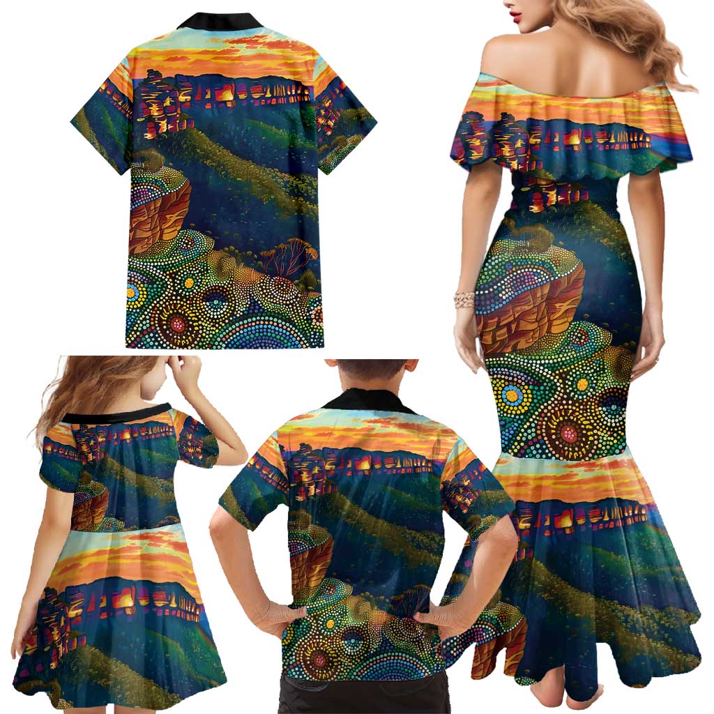 Australia Blue Mountains Family Matching Mermaid Dress and Hawaiian Shirt Aboriginal Dot Painting