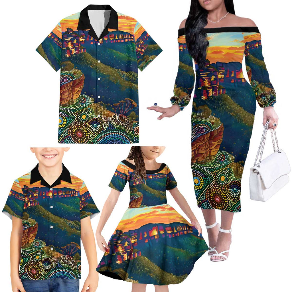 Australia Blue Mountains Family Matching Off The Shoulder Long Sleeve Dress and Hawaiian Shirt Aboriginal Dot Painting