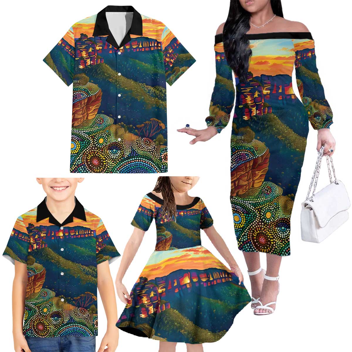 Australia Blue Mountains Family Matching Off The Shoulder Long Sleeve Dress and Hawaiian Shirt Aboriginal Dot Painting