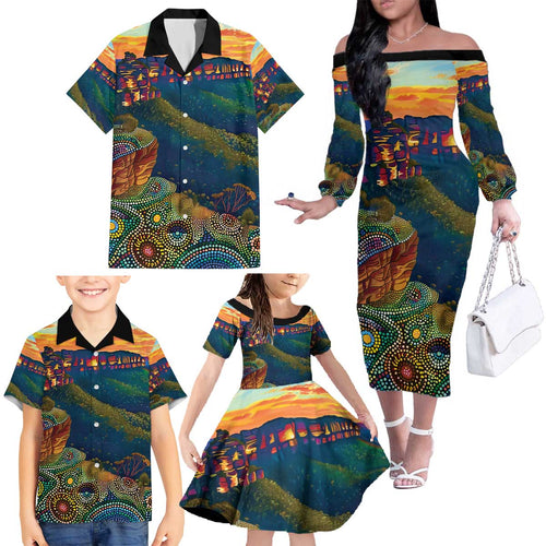 Australia Blue Mountains Family Matching Off The Shoulder Long Sleeve Dress and Hawaiian Shirt Aboriginal Dot Painting