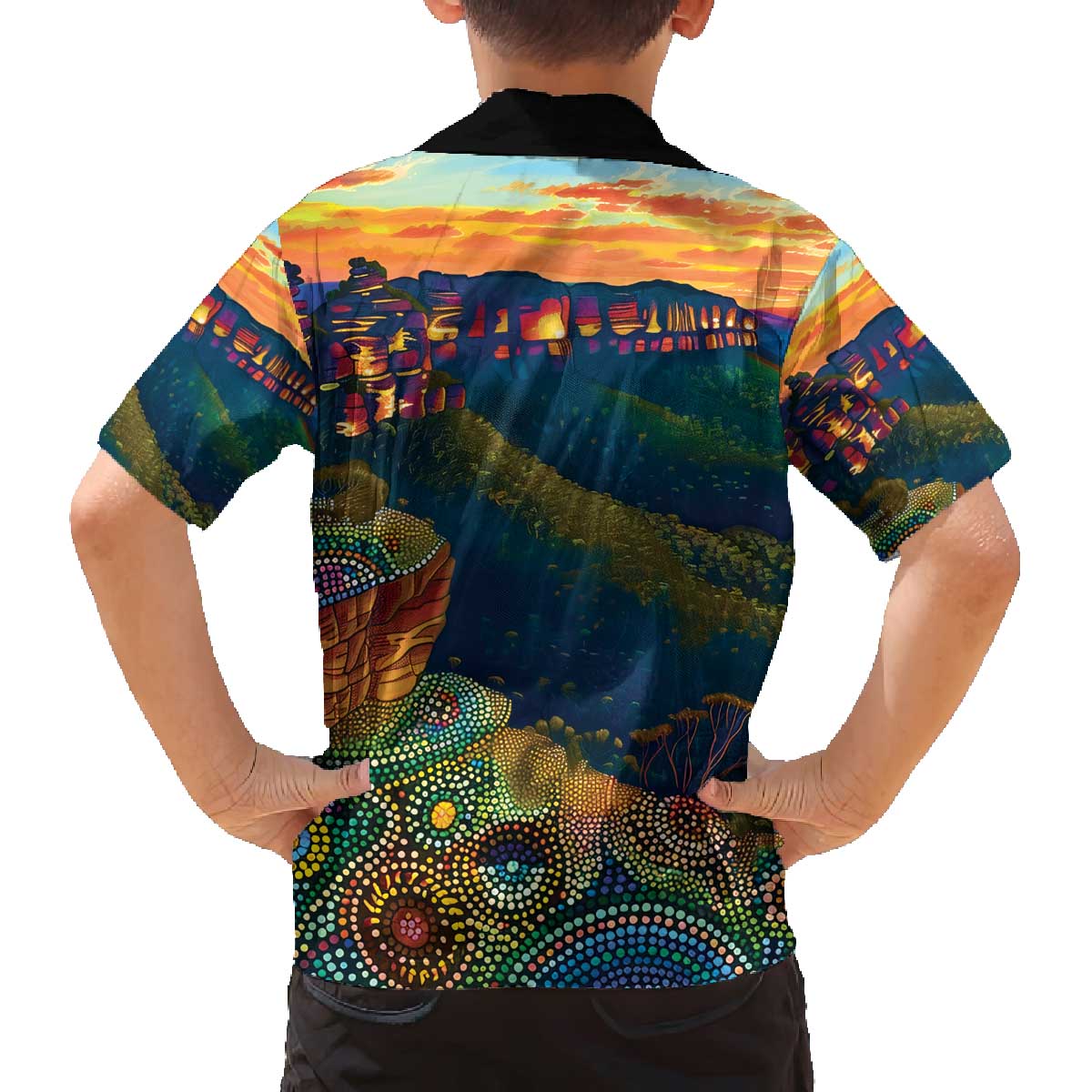 Australia Blue Mountains Family Matching Off The Shoulder Long Sleeve Dress and Hawaiian Shirt Aboriginal Dot Painting