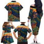 Australia Blue Mountains Family Matching Off The Shoulder Long Sleeve Dress and Hawaiian Shirt Aboriginal Dot Painting