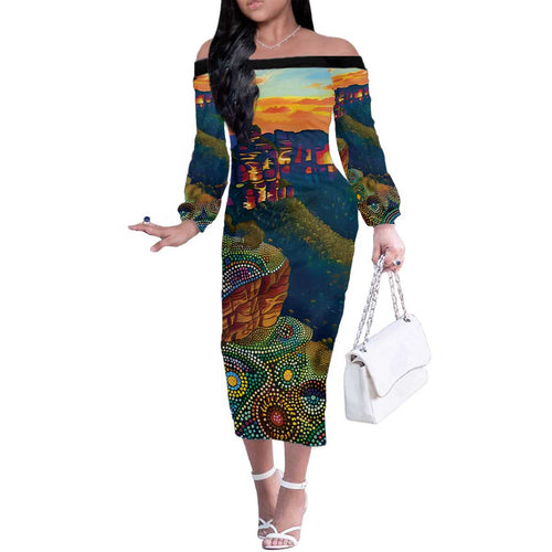 Australia Blue Mountains Family Matching Off The Shoulder Long Sleeve Dress and Hawaiian Shirt Aboriginal Dot Painting