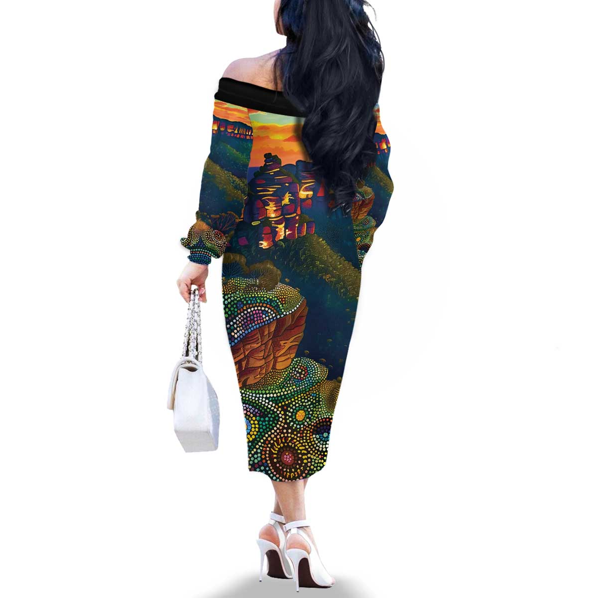 Australia Blue Mountains Family Matching Off The Shoulder Long Sleeve Dress and Hawaiian Shirt Aboriginal Dot Painting