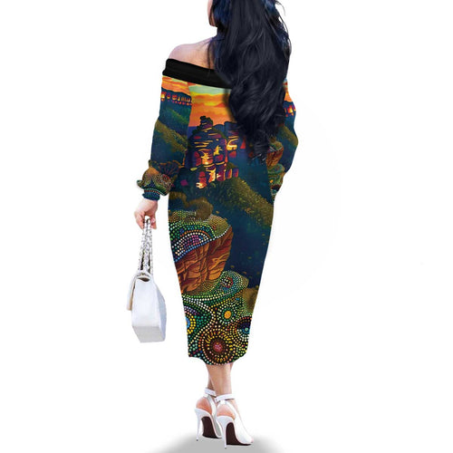 Australia Blue Mountains Family Matching Off The Shoulder Long Sleeve Dress and Hawaiian Shirt Aboriginal Dot Painting