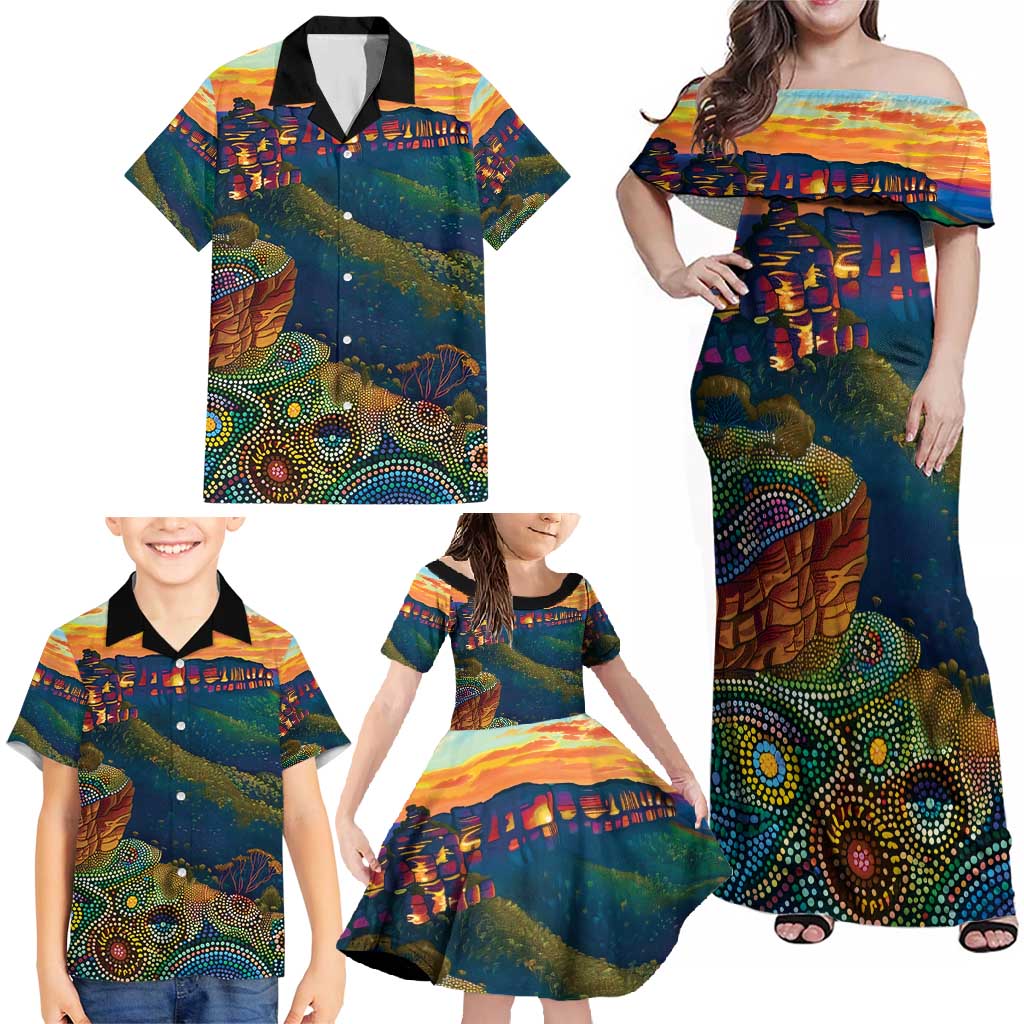 Australia Blue Mountains Family Matching Off Shoulder Maxi Dress and Hawaiian Shirt Aboriginal Dot Painting