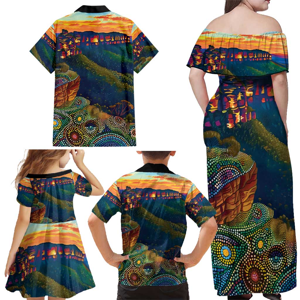 Australia Blue Mountains Family Matching Off Shoulder Maxi Dress and Hawaiian Shirt Aboriginal Dot Painting