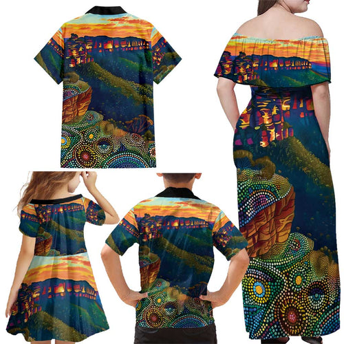 Australia Blue Mountains Family Matching Off Shoulder Maxi Dress and Hawaiian Shirt Aboriginal Dot Painting