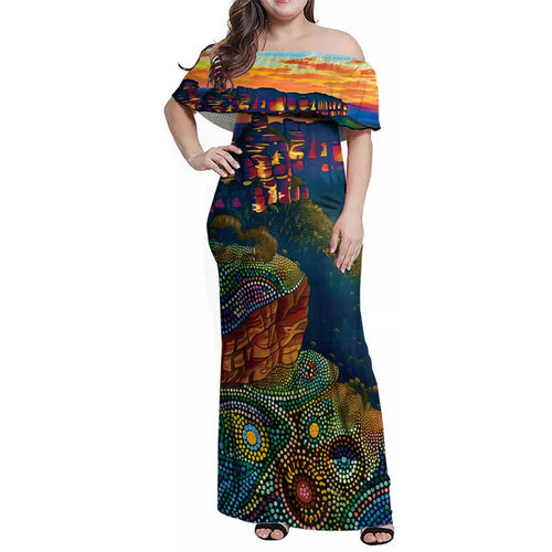 Australia Blue Mountains Family Matching Off Shoulder Maxi Dress and Hawaiian Shirt Aboriginal Dot Painting