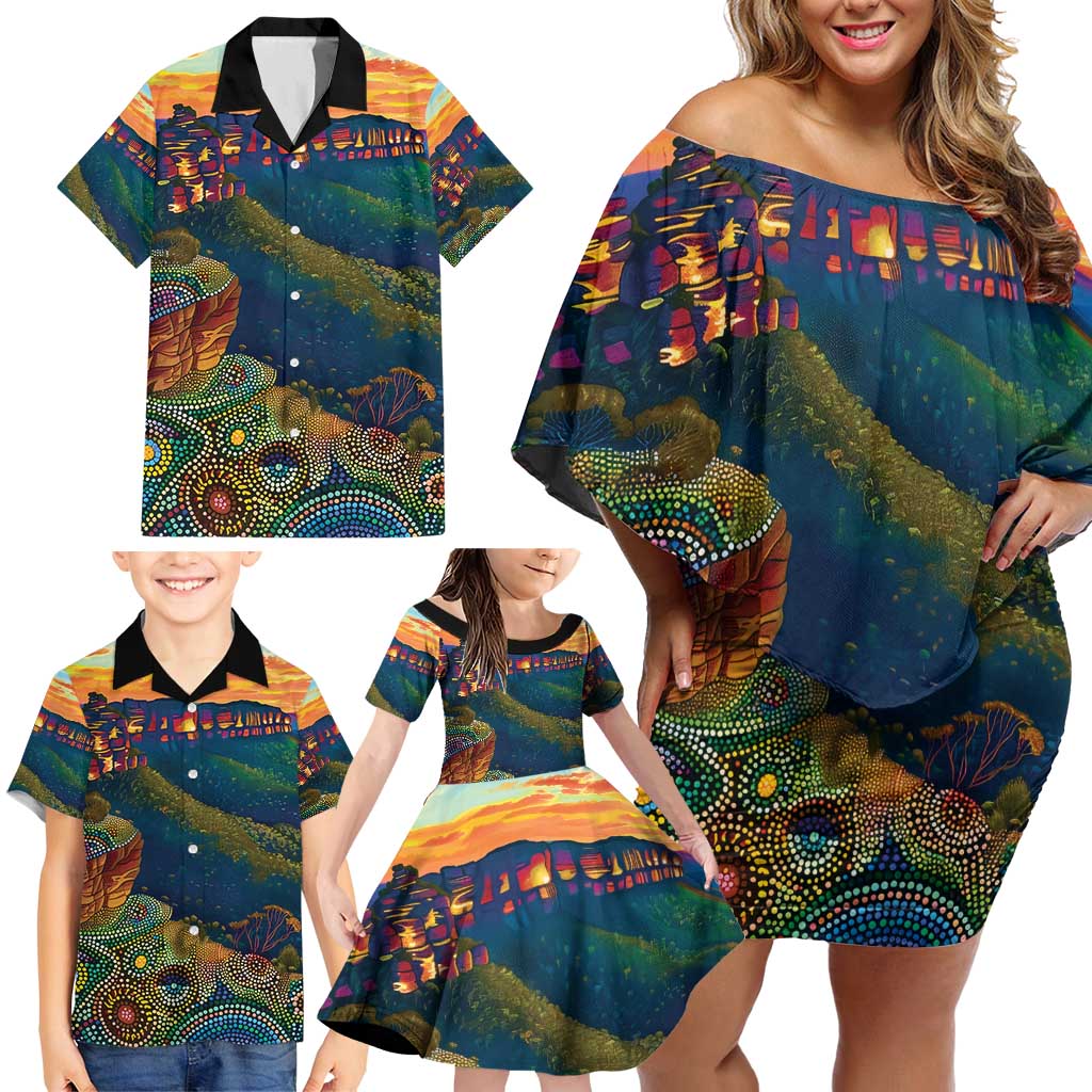 Australia Blue Mountains Family Matching Off Shoulder Short Dress and Hawaiian Shirt Aboriginal Dot Painting