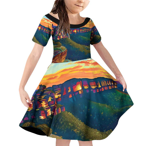 Australia Blue Mountains Family Matching Off Shoulder Short Dress and Hawaiian Shirt Aboriginal Dot Painting