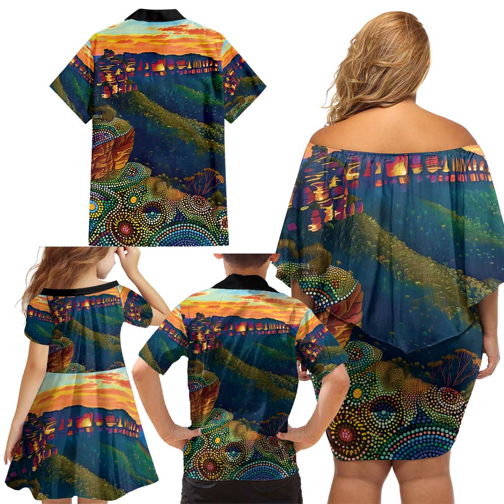 Australia Blue Mountains Family Matching Off Shoulder Short Dress and Hawaiian Shirt Aboriginal Dot Painting