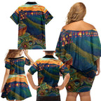 Australia Blue Mountains Family Matching Off Shoulder Short Dress and Hawaiian Shirt Aboriginal Dot Painting