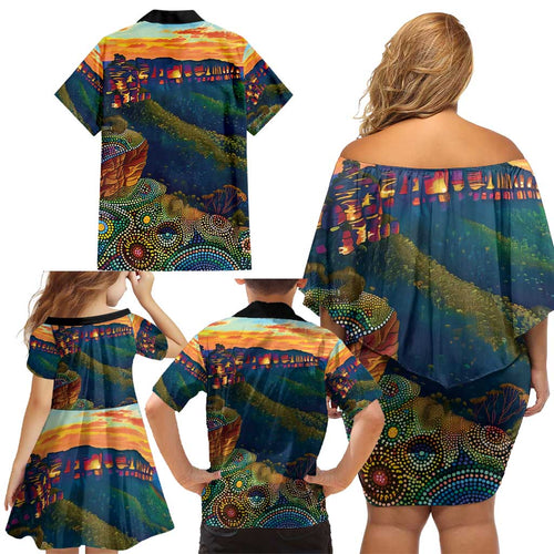 Australia Blue Mountains Family Matching Off Shoulder Short Dress and Hawaiian Shirt Aboriginal Dot Painting