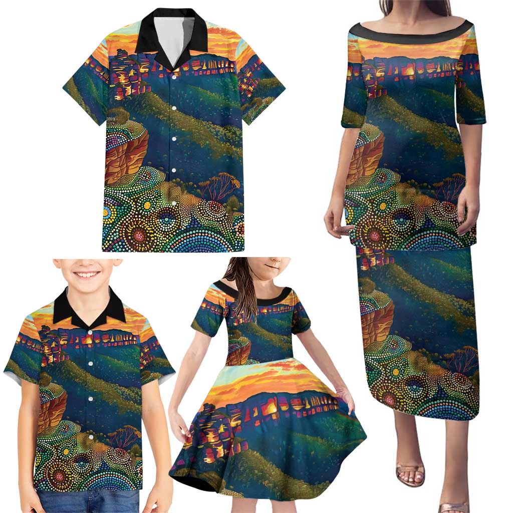 Australia Blue Mountains Family Matching Puletasi and Hawaiian Shirt Aboriginal Dot Painting