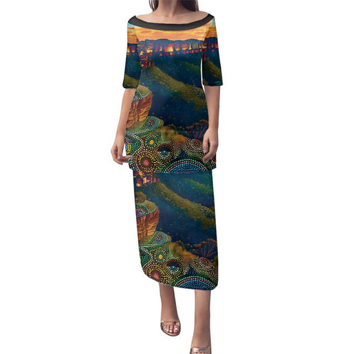Australia Blue Mountains Family Matching Puletasi and Hawaiian Shirt Aboriginal Dot Painting