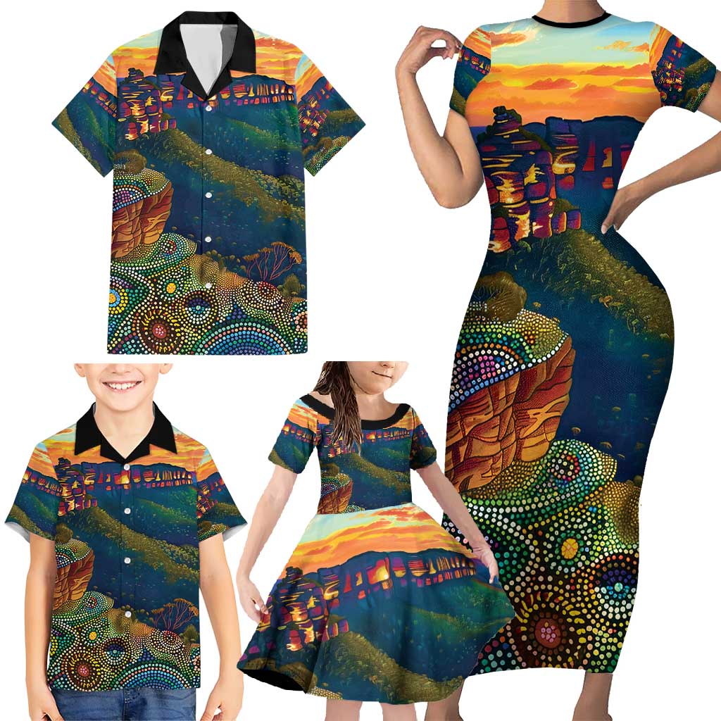 Australia Blue Mountains Family Matching Short Sleeve Bodycon Dress and Hawaiian Shirt Aboriginal Dot Painting