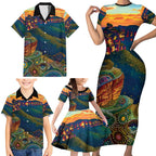 Australia Blue Mountains Family Matching Short Sleeve Bodycon Dress and Hawaiian Shirt Aboriginal Dot Painting